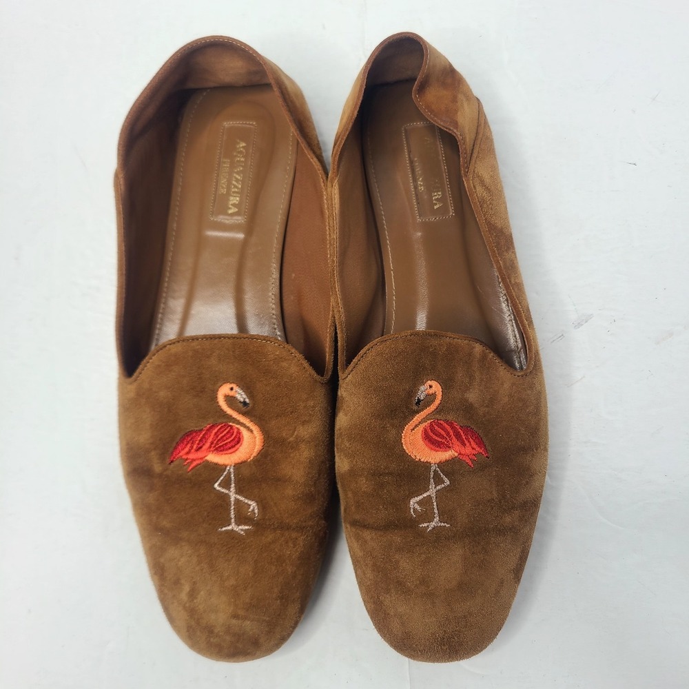 Aquazzura Firenze Flamingo Embroidered Suede Loafers Flats Brown Size 39 - Picture 6 of 9